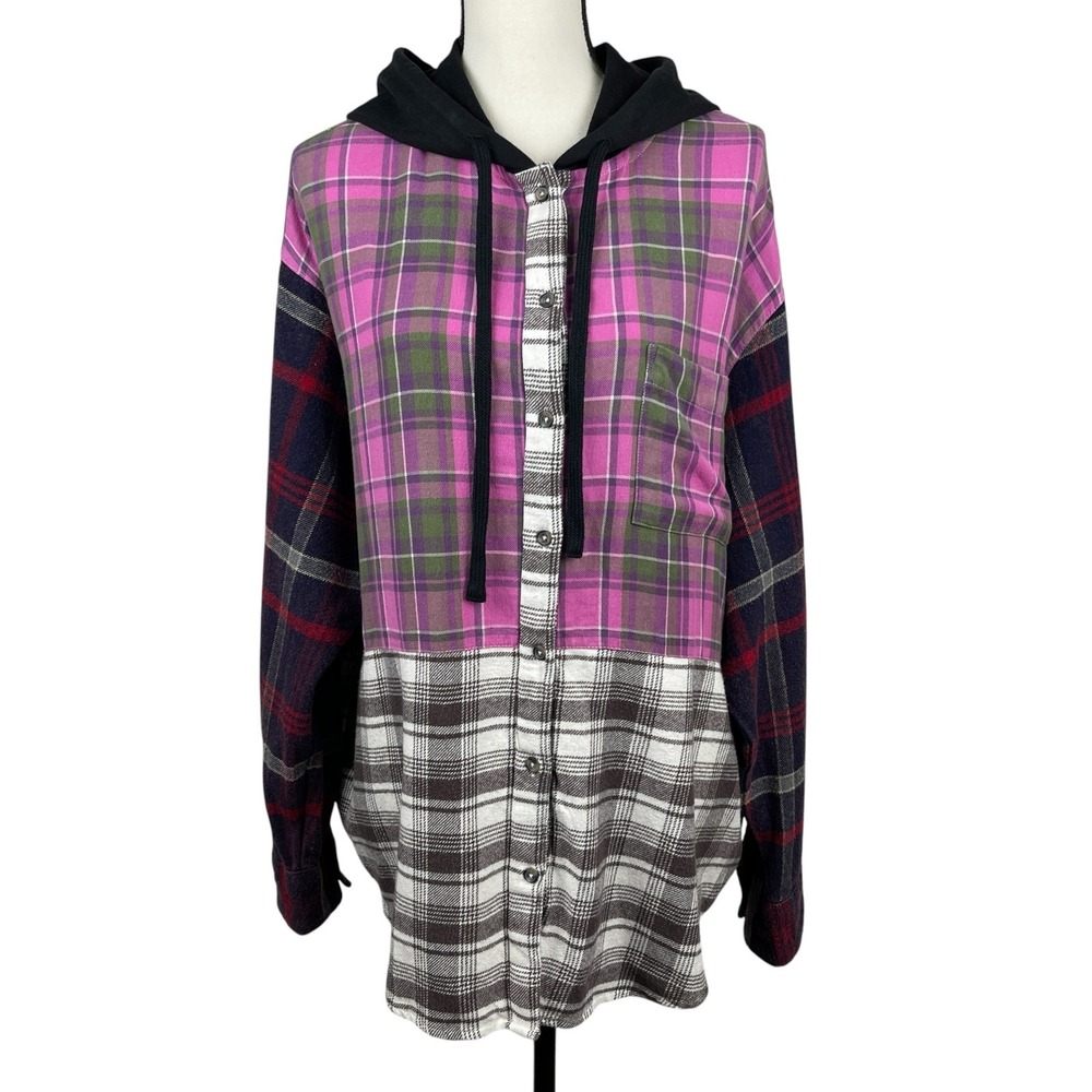 BDG Urban Outfitters Womens Flannel Shirt Large Oversized Plaid Patchwork Hooded